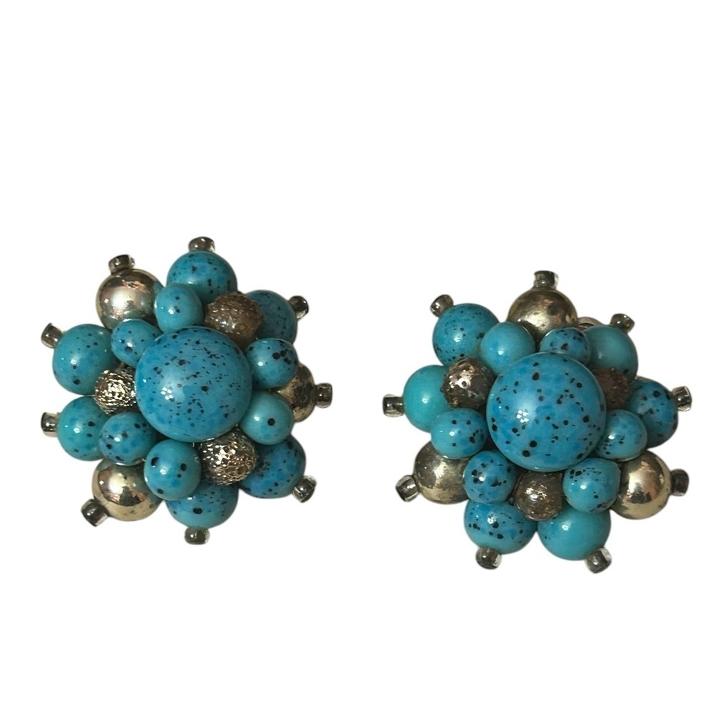 Vintage Japan teal speckled bead cluster  clip on retro earrings